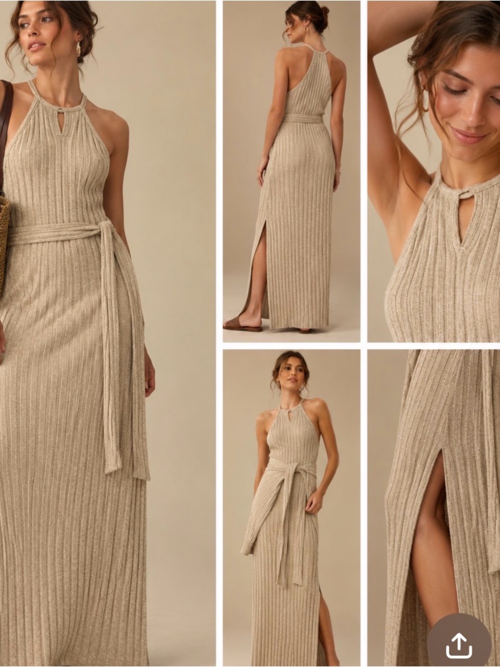 Anthropologie Amadi Caroline Ribbed Knit Halter Maxi Dress Oatmeal XS Belted
